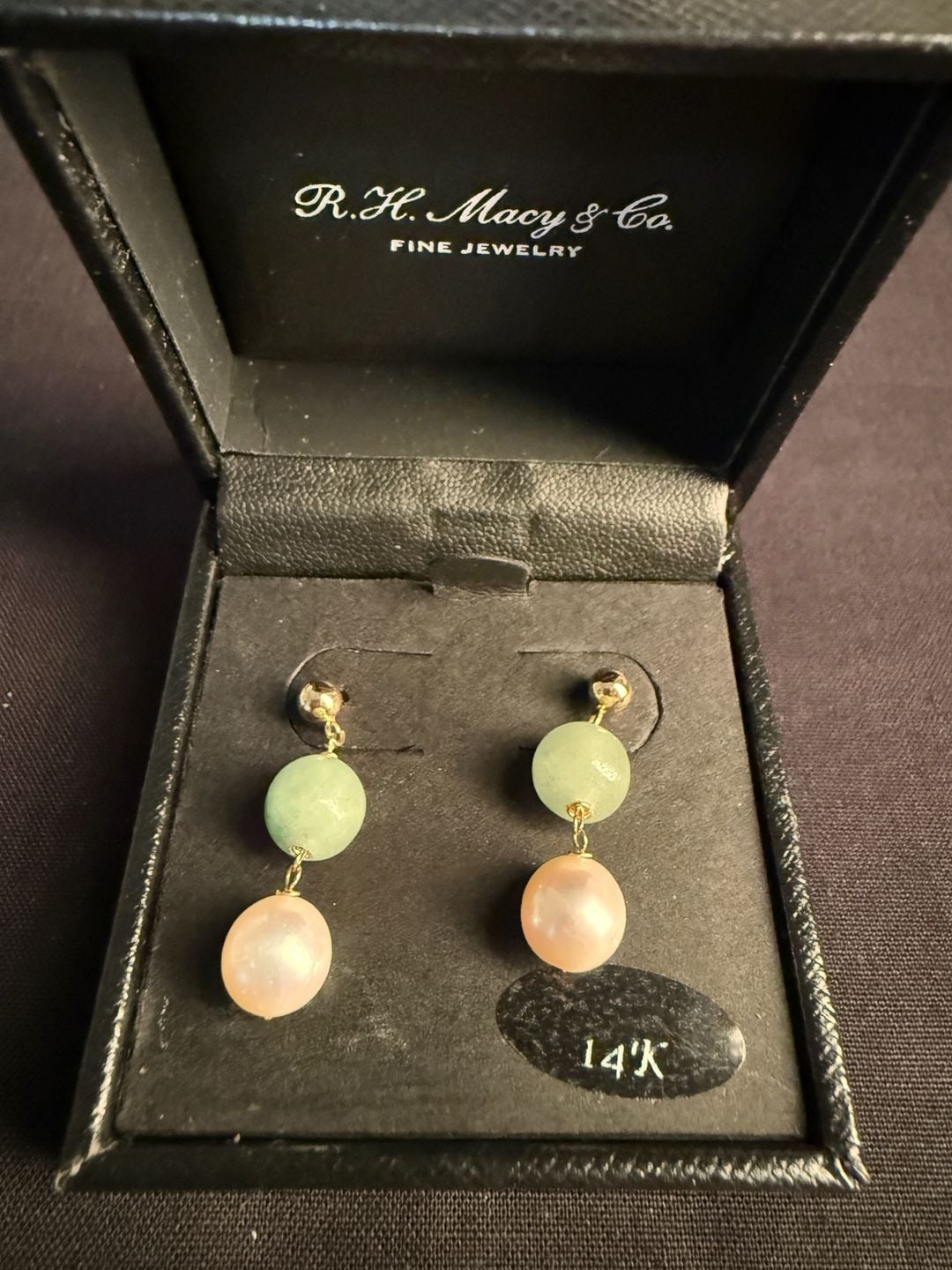 14k Gold Dangle Earrings Green Stone & Pink Pearl Drop New W/ R.H. Macy Box